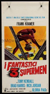 2b410 THREE FANTASTIC SUPERMEN Italian locandina '67 artwork of heroes & villain with money bag!