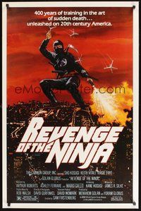 2b075 REVENGE OF THE NINJA 1sh '83 cool artwork of ninja throwing weapons in mid-air!