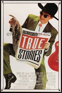 2b098 TRUE STORIES style B 1sh '86 giant image of star & director David Byrne reading newspaper!
