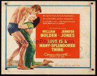 2c248 LOVE IS A MANY-SPLENDORED THING 1/2sh '55 romantic art of William Holden & Jennifer Jones!