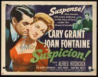 2c414 SUSPICION 1/2sh R53 Alfred Hitchcock, close up art of Cary Grant & Joan Fontaine!