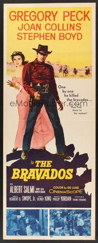 2d080 BRAVADOS insert '58 full-length art of cowboy Gregory Peck with gun & sexy Joan Collins!