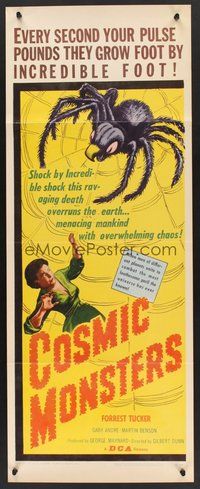 2d111 COSMIC MONSTERS insert '58 cool art of giant spider in web & terrified woman!