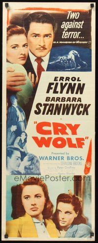2d116 CRY WOLF insert '47 Errol Flynn & Barbara Stanwyck, Geraldine Brooks, two against terror!