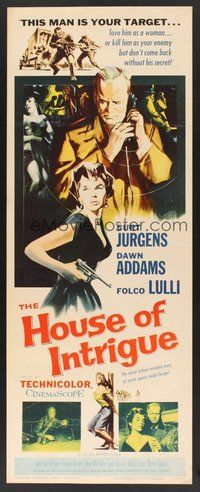 2d200 HOUSE OF INTRIGUE insert '59 cool artwork of spies Curt Jurgens & Dawn Addams!