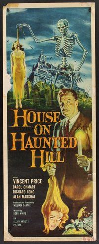 2d201 HOUSE ON HAUNTED HILL insert '59 classic Vincent Price & skeleton with hanging girl!