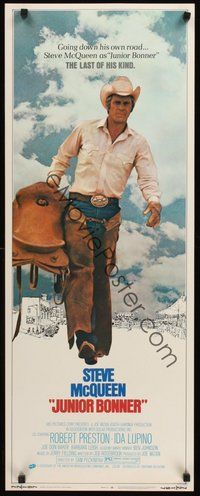 2d226 JUNIOR BONNER insert '72 full-length rodeo cowboy Steve McQueen carrying saddle!