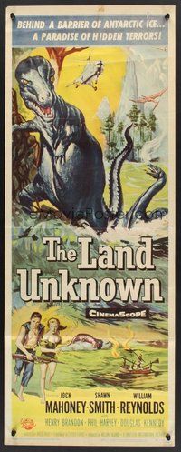 2d237 LAND UNKNOWN insert '57 a paradise of hidden terrors, great art of dinosaurs by Ken Sawyer!