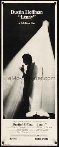 2d246 LENNY insert '74 silhouette image of Dustin Hoffman as comedian Lenny Bruce at microphone!
