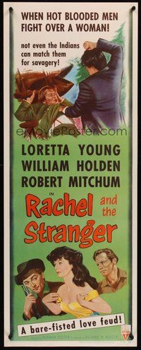 2d410 RACHEL & THE STRANGER insert R53 William Holden & Robert Mitchum fight over Loretta Young!