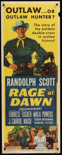 2d411 RAGE AT DAWN insert '55 cool artwork of outlaw hunter Randolph Scott by train!