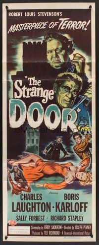 2d572 STRANGE DOOR insert '51 cool art of Boris Karloff, Charles Laughton & sexy Sally Forrest!
