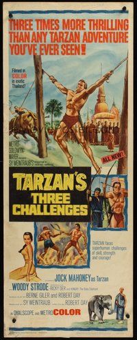 2d610 TARZAN'S THREE CHALLENGES insert '63 Edgar Rice Burroughs, artwork of bound Jock Mahoney!