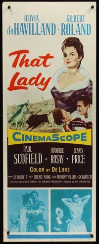 2d620 THAT LADY insert '55 art of Gilbert Roland & Olivia de Havilland with eyepatch!
