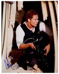2e249 COLE HAUSER signed color 8x10 REPRO still '01 close up courching with a big gun!