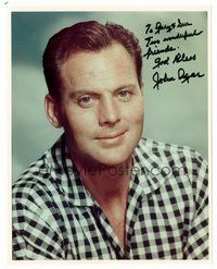 2e269 JOHN AGAR signed color 8x10 REPRO still '80s head & shoulders smiling portrait in plaid shirt!