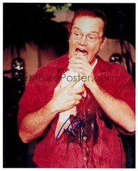 2e286 TOM ARNOLD signed color 8x10 REPRO still '02 wacky c/u putting a whole fish in his mouth!