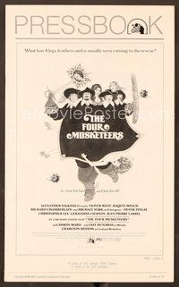 2e156 FOUR MUSKETEERS pressbook '75 Raquel Welch, Oliver Reed, great wacky Walter Velez art!