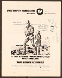 2e190 TRAIN ROBBERS pressbook '73 great full-length art of cowboy John Wayne & sexy Ann-Margret!