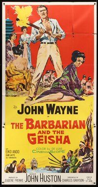 2f388 BARBARIAN & THE GEISHA 3sh '58 John Huston, art of John Wayne with torch & Eiko Ando!
