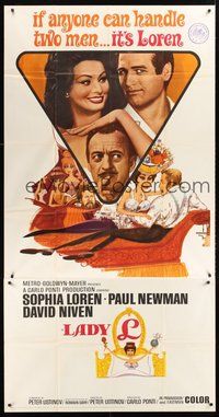 2f587 LADY L 3sh '65 cool cartoon art of sexy Sophia Loren, Paul Newman & David Niven!