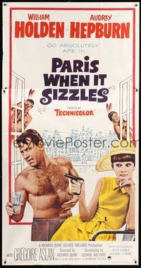 2f677 PARIS WHEN IT SIZZLES 3sh '64 Audrey Hepburn with gun & barechested William Holden in France!