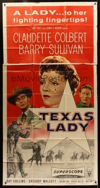 2f791 TEXAS LADY style A 3sh '55 great close up art of Claudette Colbert, Barry Sullivan