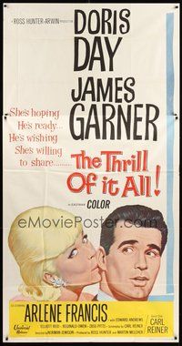 2f804 THRILL OF IT ALL 3sh '63 wonderful artwork of Doris Day kissing James Garner!