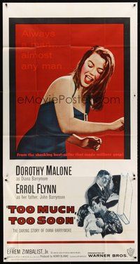 2f813 TOO MUCH, TOO SOON 3sh '58 Errol Flynn, sexy Dorothy Malone as Diana Barrymore!
