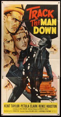 2f817 TRACK THE MAN DOWN 3sh '55 cool art of detective Kent Taylor tracing footsteps, Petula Clark