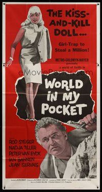 2f860 WORLD IN MY POCKET 3sh '62 Rod Steiger, the kiss & kill doll, girl-trap to steal a million!