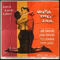 2f341 UNTIL THEY SAIL 6sh '57 great romantic close up of Paul Newman kissing sexy Jean Simmons!