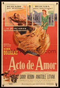 2f023 ACT OF LOVE Argentinean '53 different artwork of Kirk Douglas kissing pretty Dany Robin!