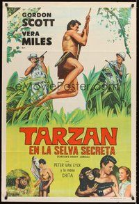 2f193 TARZAN'S HIDDEN JUNGLE Argentinean '55 artwork of Gordon Scott as Tarzan swinging on vine!