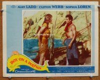 2j142 BOY ON A DOLPHIN LC #6 '57 Jorge Mistral on fishing boat stares at soaking wet Sophia Loren!