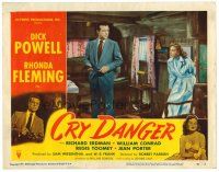 2j201 CRY DANGER LC #2 '51 great image of Dick Powell with gun & sexy Rhonda Fleming!