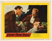 2j260 ENEMY FROM SPACE LC #8 '57 woman looks at Brian Donlevy examining dead body in car!