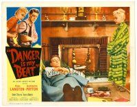2j558 MURDER IS MY BEAT LC '55 Edgar Ulmer noir, Barbara Payton in robe looks at sleeping Langton!