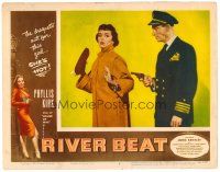 2j672 RIVER BEAT LC #4 '54 man in uniform holds a gun to bad girl Phyllis Kirk's back!