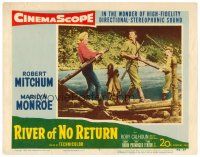 2j673 RIVER OF NO RETURN LC #7 '54 sexy Marilyn Monroe, Robert Mitchum & Tommy Rettig on raft!