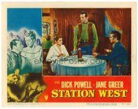 2j774 STATION WEST LC #7 '48 cowboy Dick Powell stands over Jane Greer & Gordon Oliver at table!