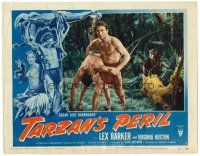 2j801 TARZAN'S PERIL LC #4 '51 chimp watches Lex Barker carry unconscious man in the jungle!