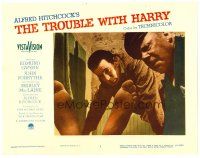 2j867 TROUBLE WITH HARRY LC #3 '55 Hitchcock, Edmund Gwenn & John Forsythe look at dead Harry!