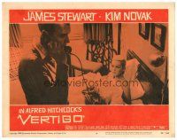 2j905 VERTIGO LC #5 '58 Alfred Hitchcock, James Stewart on phone over sexy Kim Novak in bed!