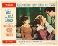 2j919 WAR & PEACE LC #6 '56 Audrey Hepburn smiles at Jeremy Brett about to kiss Anita Ekberg!