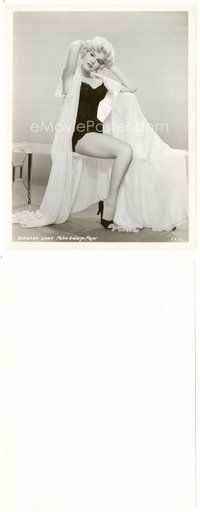 2k095 BARBARA LANG 8x10.25 still '50s sexy seated portrait in black lingerie & flowing robe!