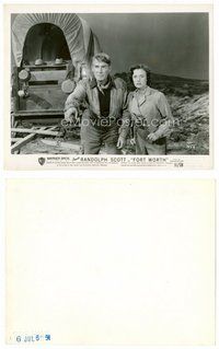 2k328 FORT WORTH 8x10 still '51 Randolph Scott standing with Helena Carter by covered wagon!