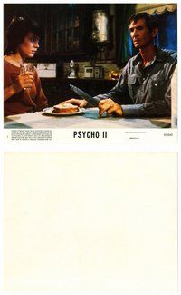 2k614 PSYCHO II 8x10 mini LC #1 '83 Meg Tilly stares at Anthony Perkins as Norman Bates with knife!