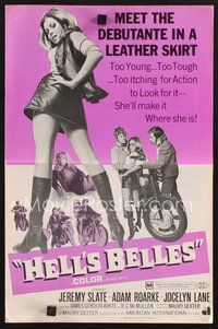 2m130 HELL'S BELLES pressbook '69 sexy too young too tough biker babe in leather skirt!