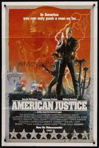 2p034 AMERICAN JUSTICE video 1sh '86 Gerald McRaney, Jameson Parker & Wilford Brimley, Struzan art!